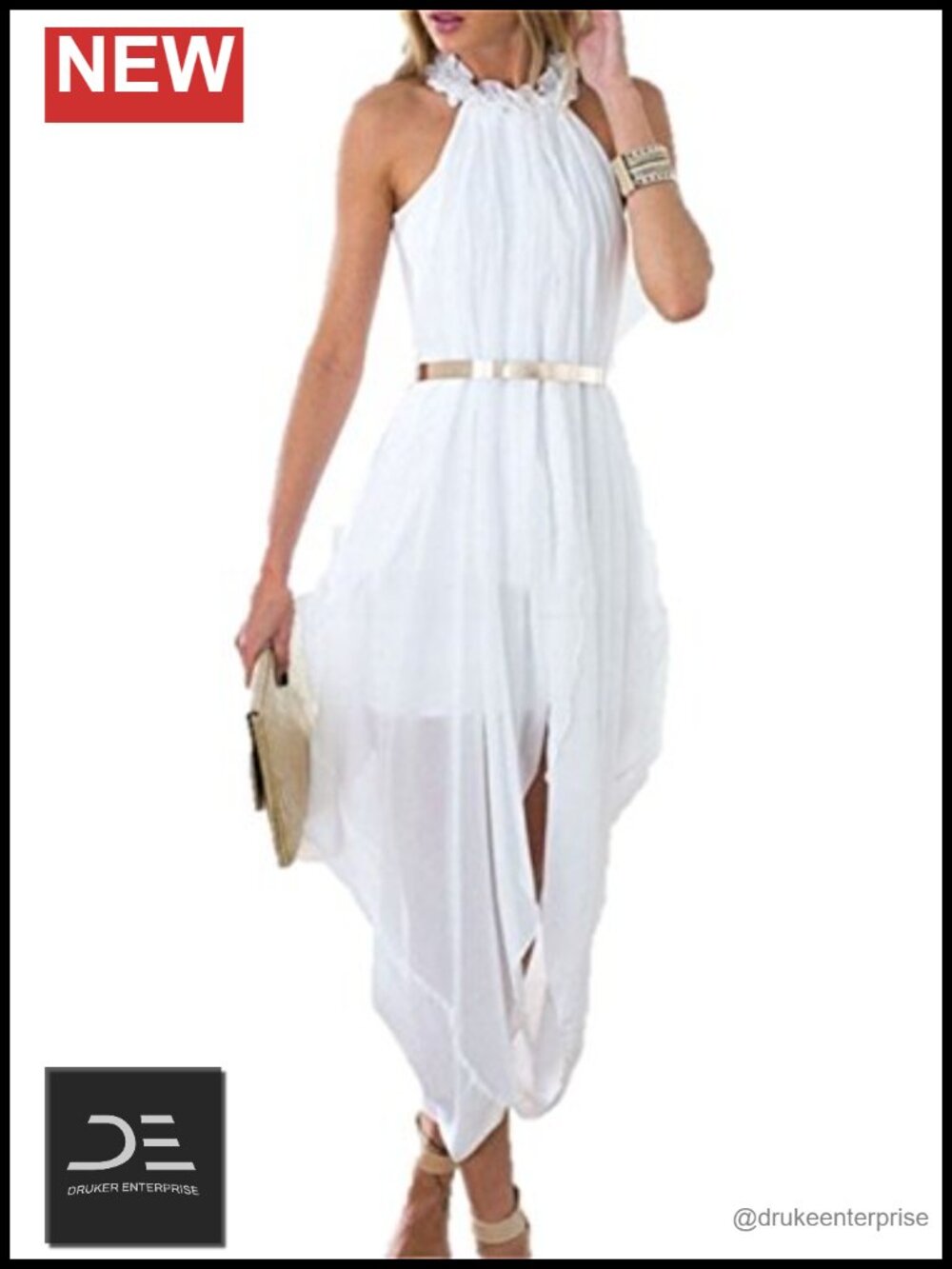 Elegant Hi Low Sheer Chiffon Gold Belted Folds Casual Beach Dress